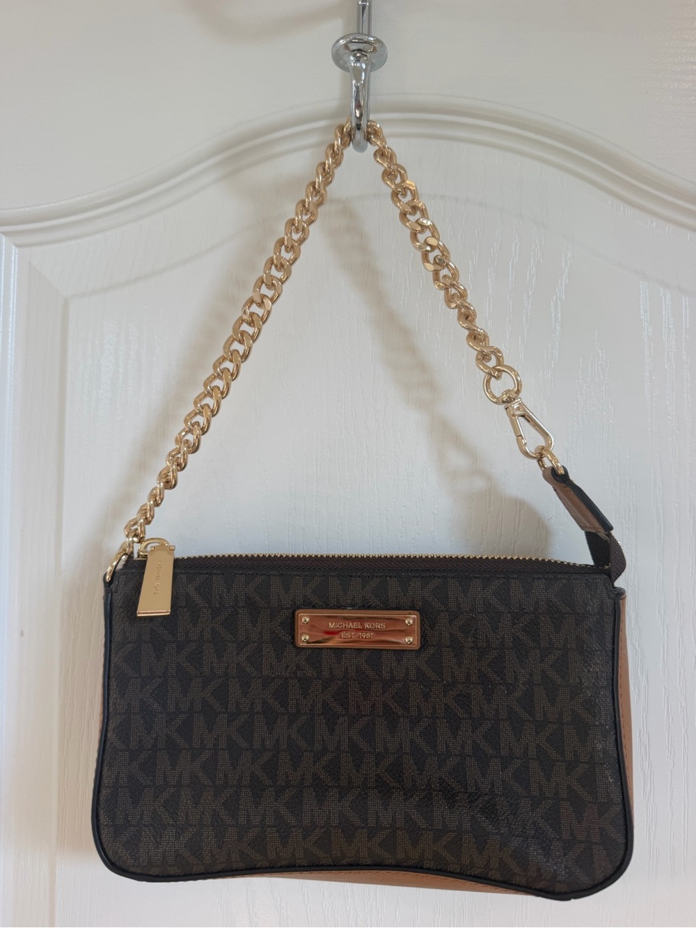 Michael Kors Dark Brown Signature MK Logo Wristlet with Gold Chain